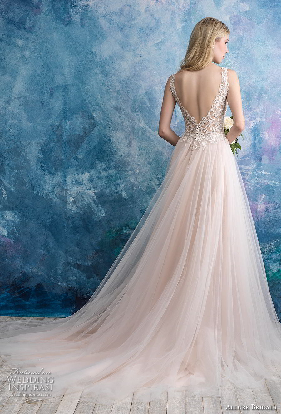 allure bridals fall 2018 bridal sleeveless deep v neck heavily embellished bodice tulle skirt romantic blush a  line wedding dress open back chapel train (2) bv