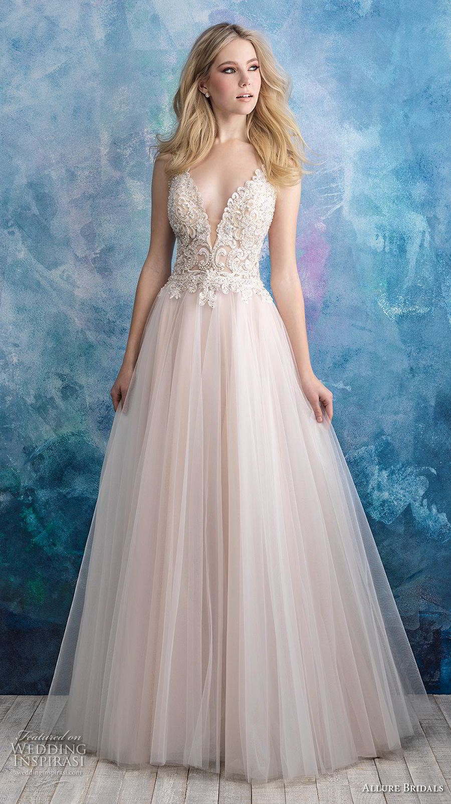 allure bridals fall 2018 bridal sleeveless deep v neck heavily embellished bodice tulle skirt romantic blush a  line wedding dress open back chapel train (2) mv