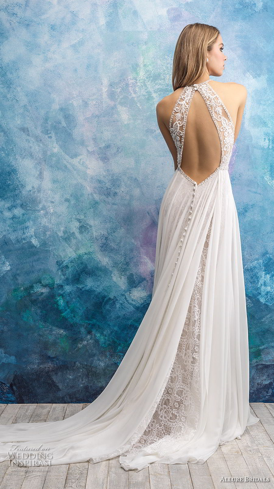 allure bridals fall 2018 bridal sleeveless halter neck heavily embellished bodice romantic soft a  line wedding dress keyhole back chapel train (17) bv