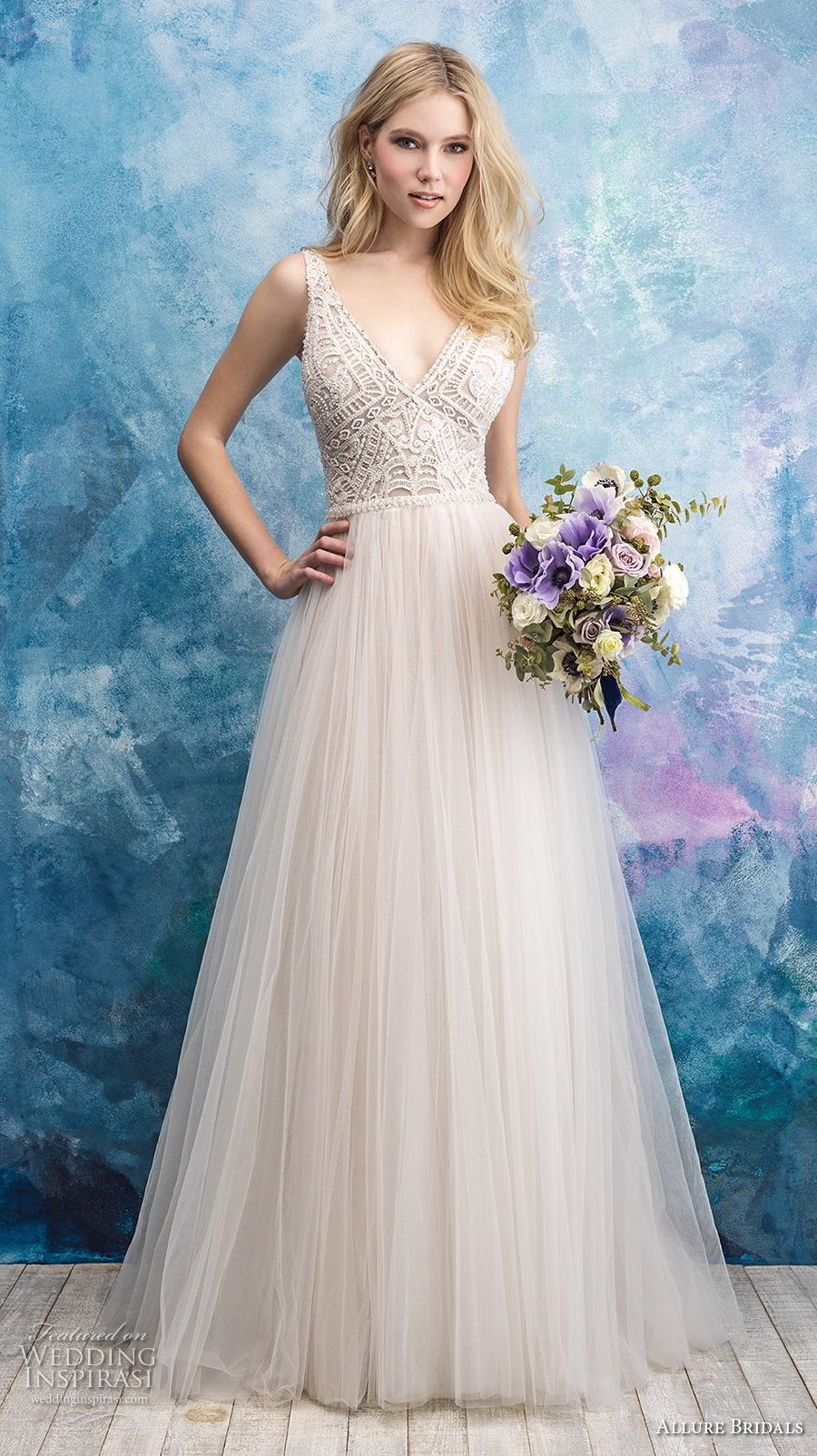 allure bridals fall 2018 bridal sleeveless v neck heavily embellished bodice tulle skirt romantic a  line wedding dress open back chapel train (7) mv