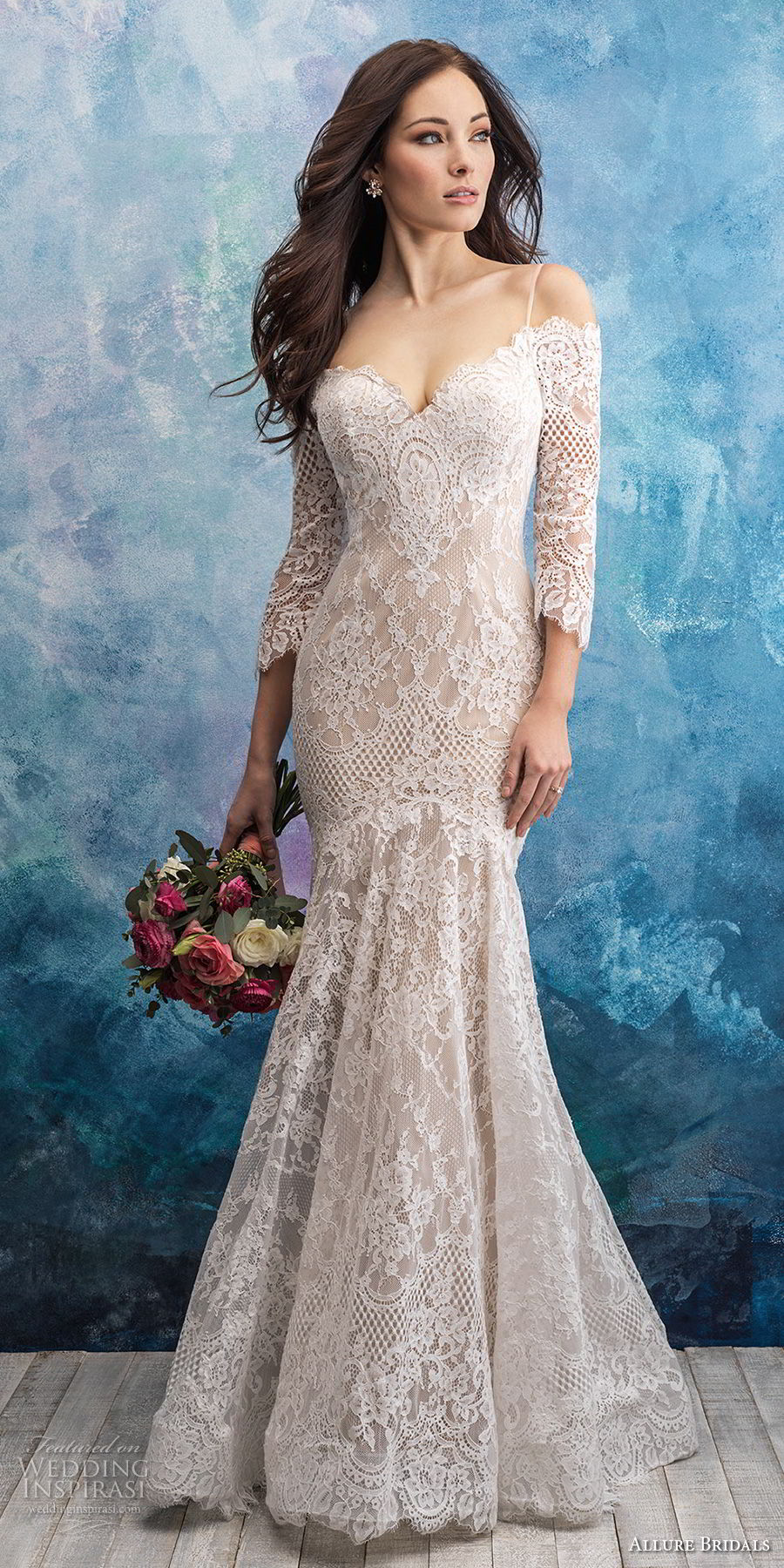 allure bridals fall 2018 bridal spaghetti strap cold shoulder three quarter sleeves sweetheart neckline full embellishment elegant mermaid wedding dress open back chapel train (6) mv