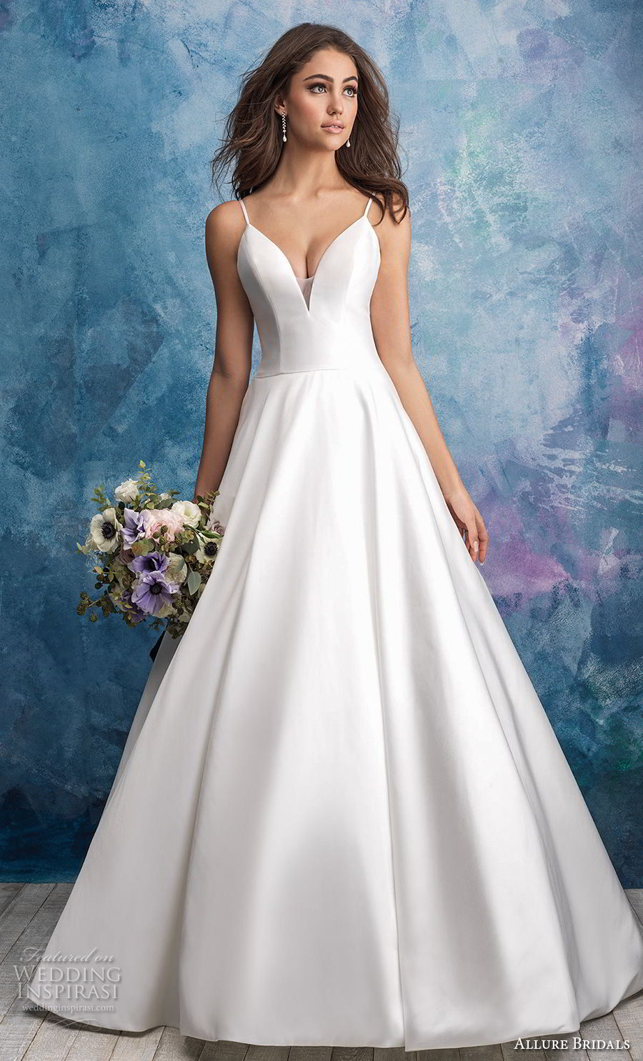 allure bridals fall 2018 bridal spaghetti strap deep sweetheart neckline simple minimalist romantic a  line wedding dress open scoop back chapel train (9) mv