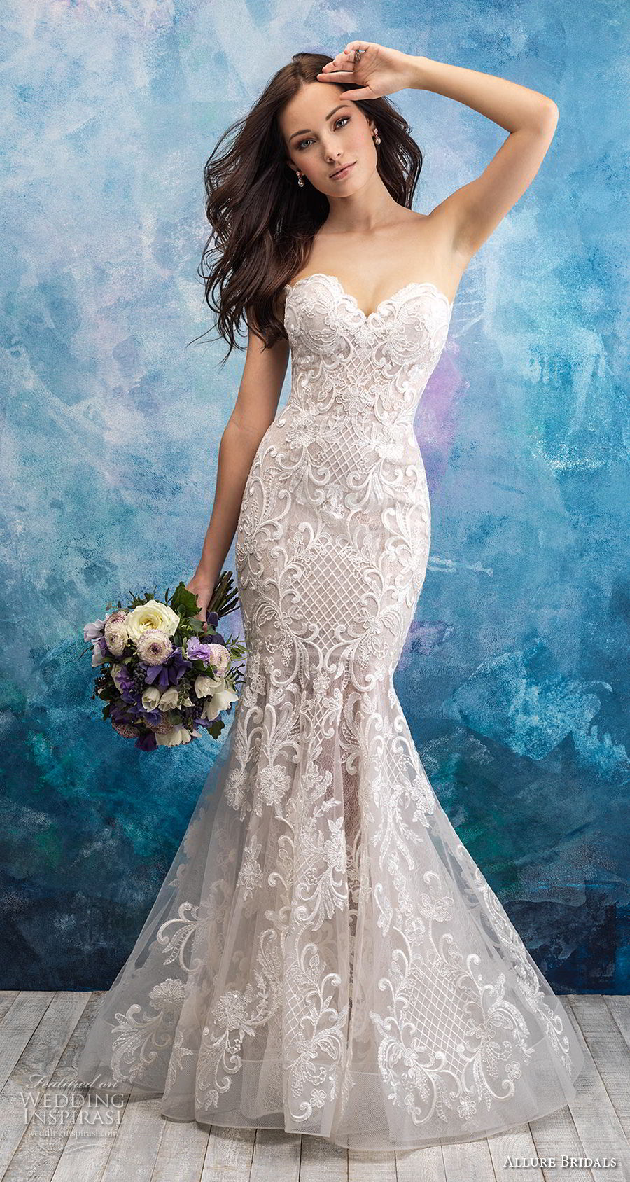 allure bridals fall 2018 bridal strapless sweetheart neckline full embellishment elegant mermaid wedding dress chapel train (8) mv