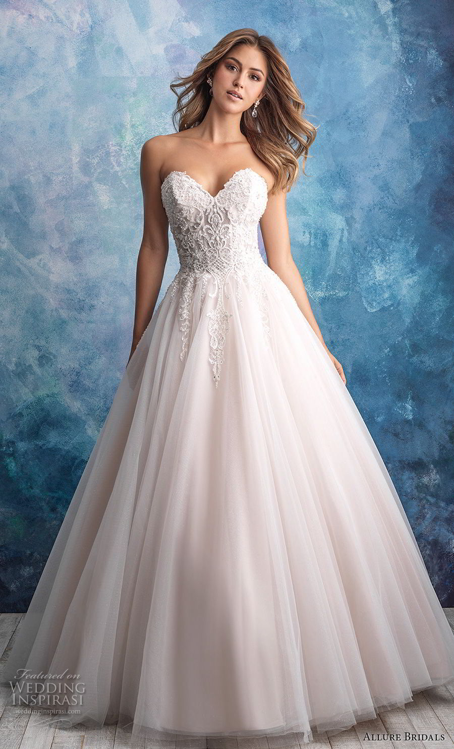 allure bridals fall 2018 bridal strapless sweetheart neckline heavily embellished bodice tulle skirt romantic blush a  line wedding dress chapel train (3) mv