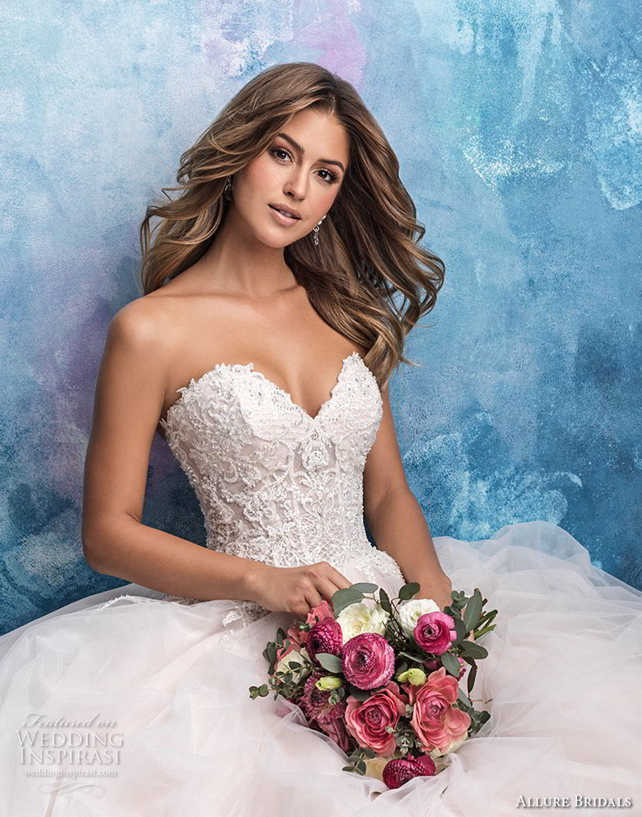 allure bridals fall 2018 bridal strapless sweetheart neckline heavily embellished bodice tulle skirt romantic blush a  line wedding dress chapel train (3) zv