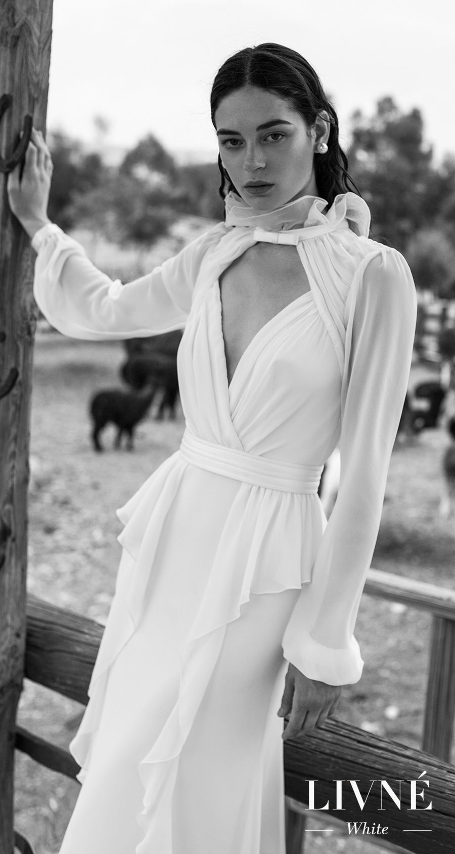 alon livne 2018 2019 white bridal long bishop sleeves high neck keyhole bodice wrap over simple elegant modified wedding dress keyhole back (nancy) mv 
