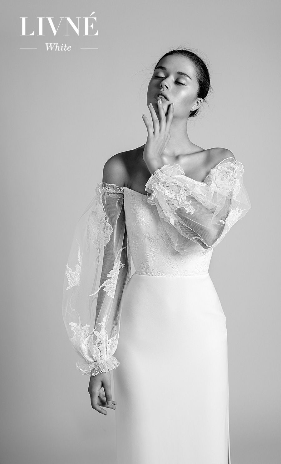 alon livne 2018 2019 white bridal long poet sleeves strapless semi v neck light embellished bodice high slit skirt elegant sheath wedding dress (rita) mv