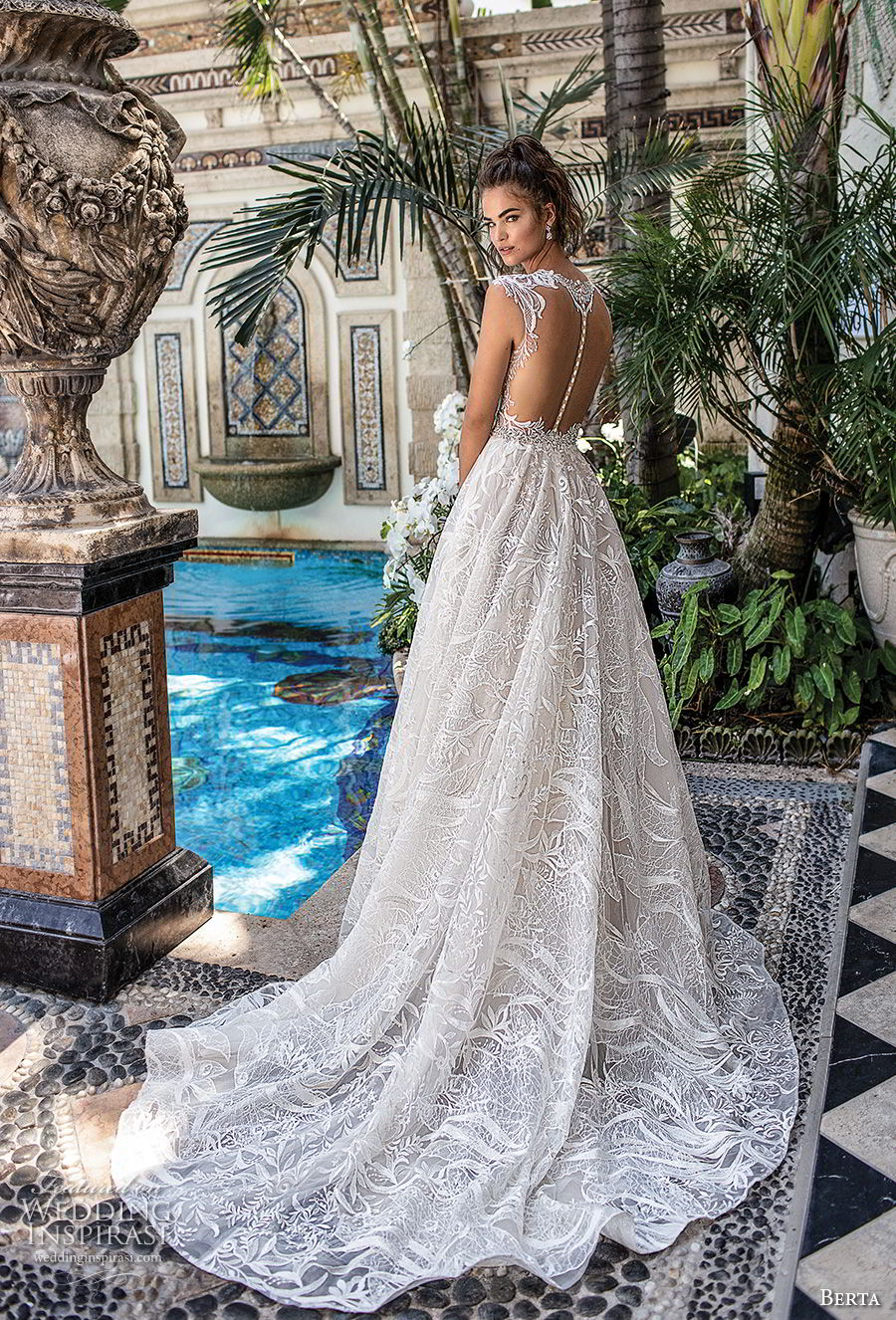 berta spring 2019 bridal cap sleeves deep plunging v neck full embellishment romantic glamorous a  line wedding dress sheer button back chapel train (4) bv