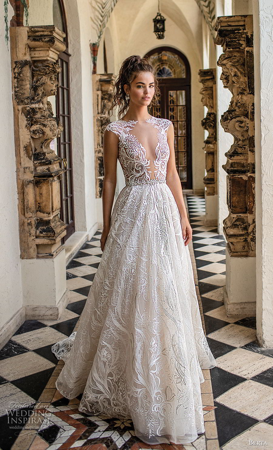 berta spring 2019 bridal cap sleeves deep plunging v neck full embellishment romantic glamorous a  line wedding dress sheer button back chapel train (4) mv