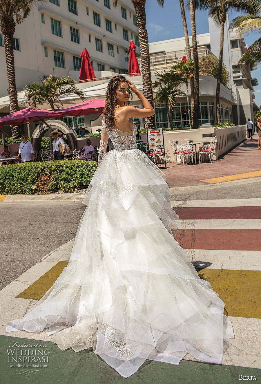 berta spring 2019 bridal long sleeves one shoulder neckline full embellishment tiered skirt romantic glamorous fit and flare wedding dress a line overskirt chapel train (10) bv berta spring 2019 bridal long sleeves one shoulder neckline full embellishment tiered skirt romantic glamorous fit and flare wedding dress a line overskirt chapel train (10) bv