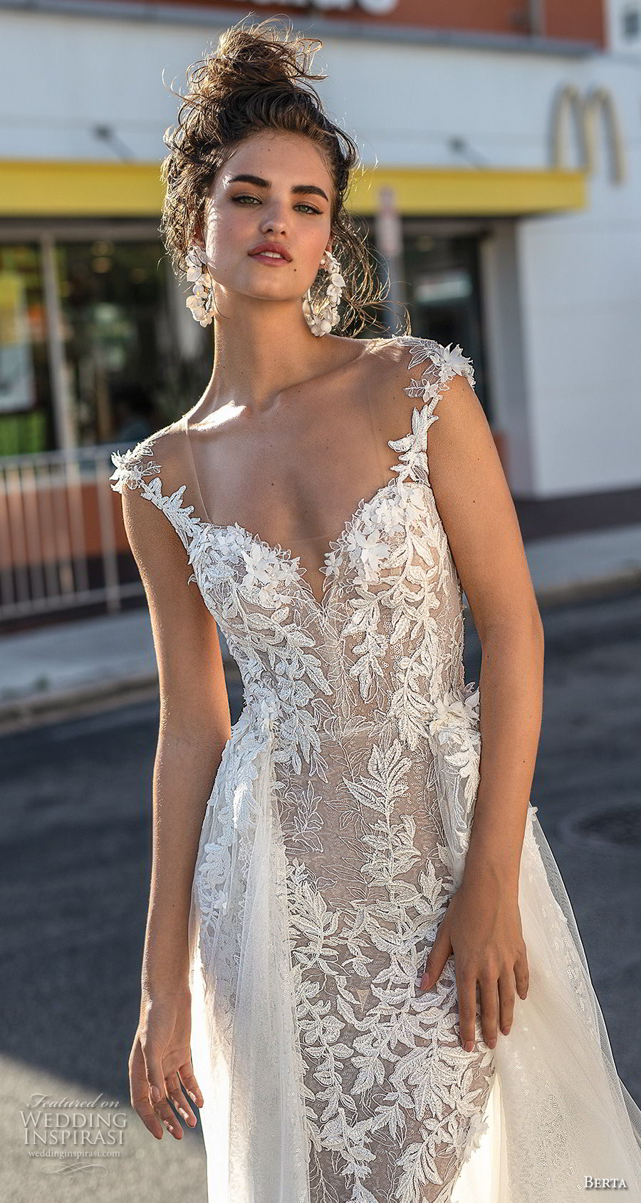 berta spring 2019 bridal sleeveless thin strap sweetheart neckline full embellishment elegant romantic fit and flare sheath wedding dress a  line overskirt open back (3) zv