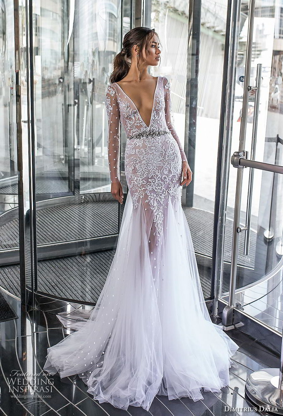 dimitrius dalia 2018 royal long sleeves deep v neck heavily embellished bodice tulle skirt sexy trumpet wedding dress chapel train (3) mv