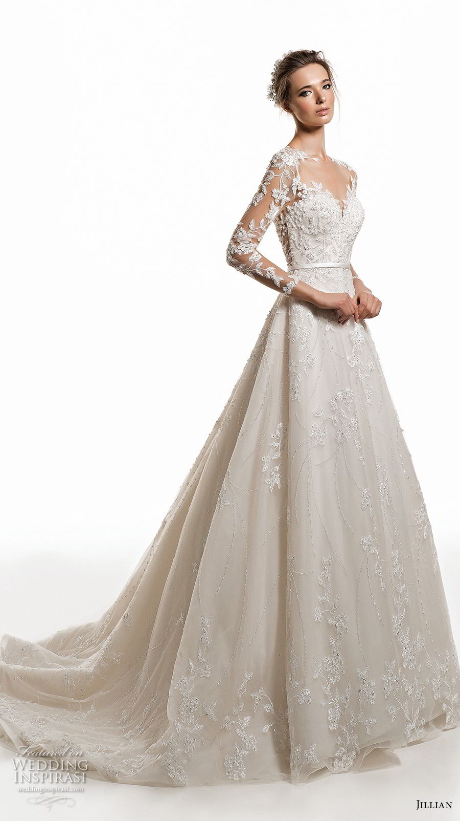 jillian 2019 bridal along sleeves sweetheart neckline heavily embellised bodice elegant princess a  line wedding dress sheer button back chapel train (4) mv