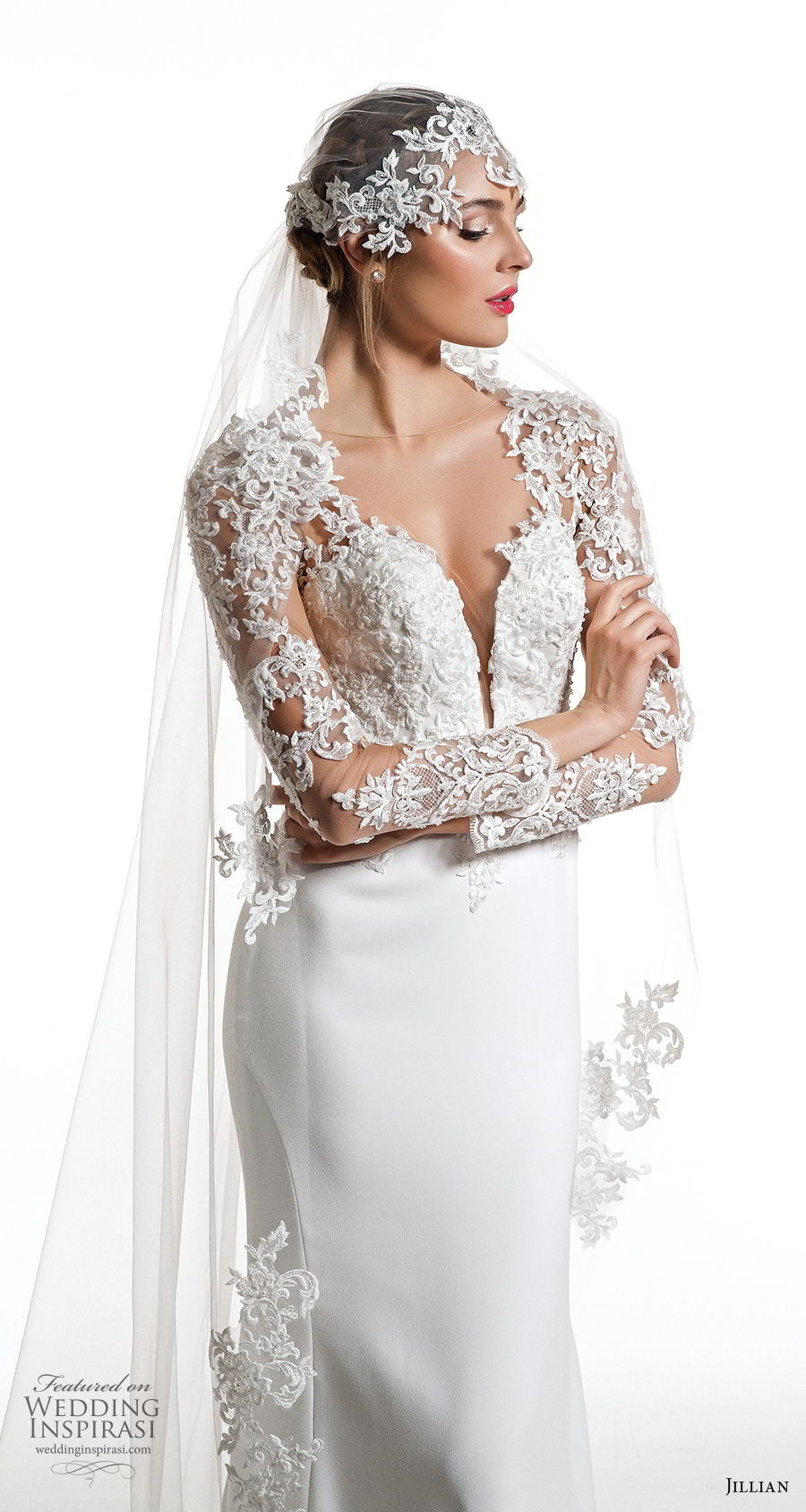 jillian 2019 bridal long sleeves deep plunging sweetheart neckline heavily embellished bodice elegant sheath wedding dress sheer button back short train (6) zv