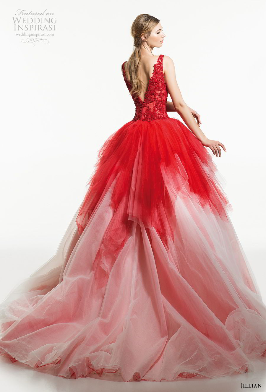 jillian 2019 bridal sleeveless deep v neck heavily embellished bodice tiered skirt red ball gown wedding dress v back chapel train (21) bv