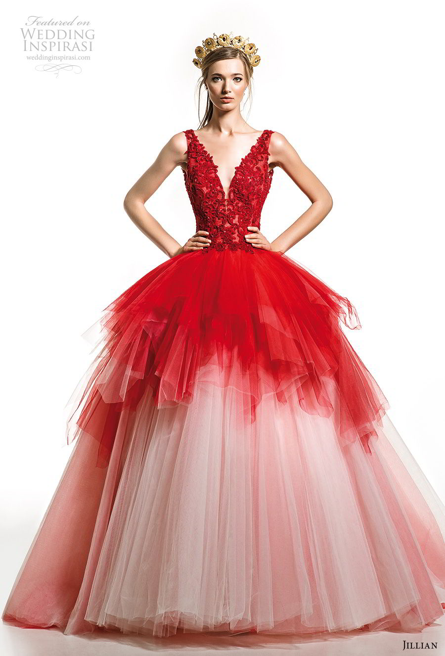 jillian 2019 bridal sleeveless deep v neck heavily embellished bodice tiered skirt red ball gown wedding dress v back chapel train (21) mv