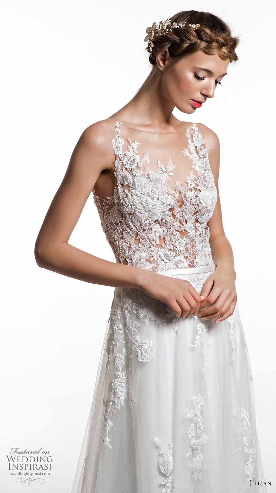 jillian 2019 bridal sleeveless illusion bateau v neck heavily embellished bodice romantic soft a  line wedding dress sheer button back short train (7) zv