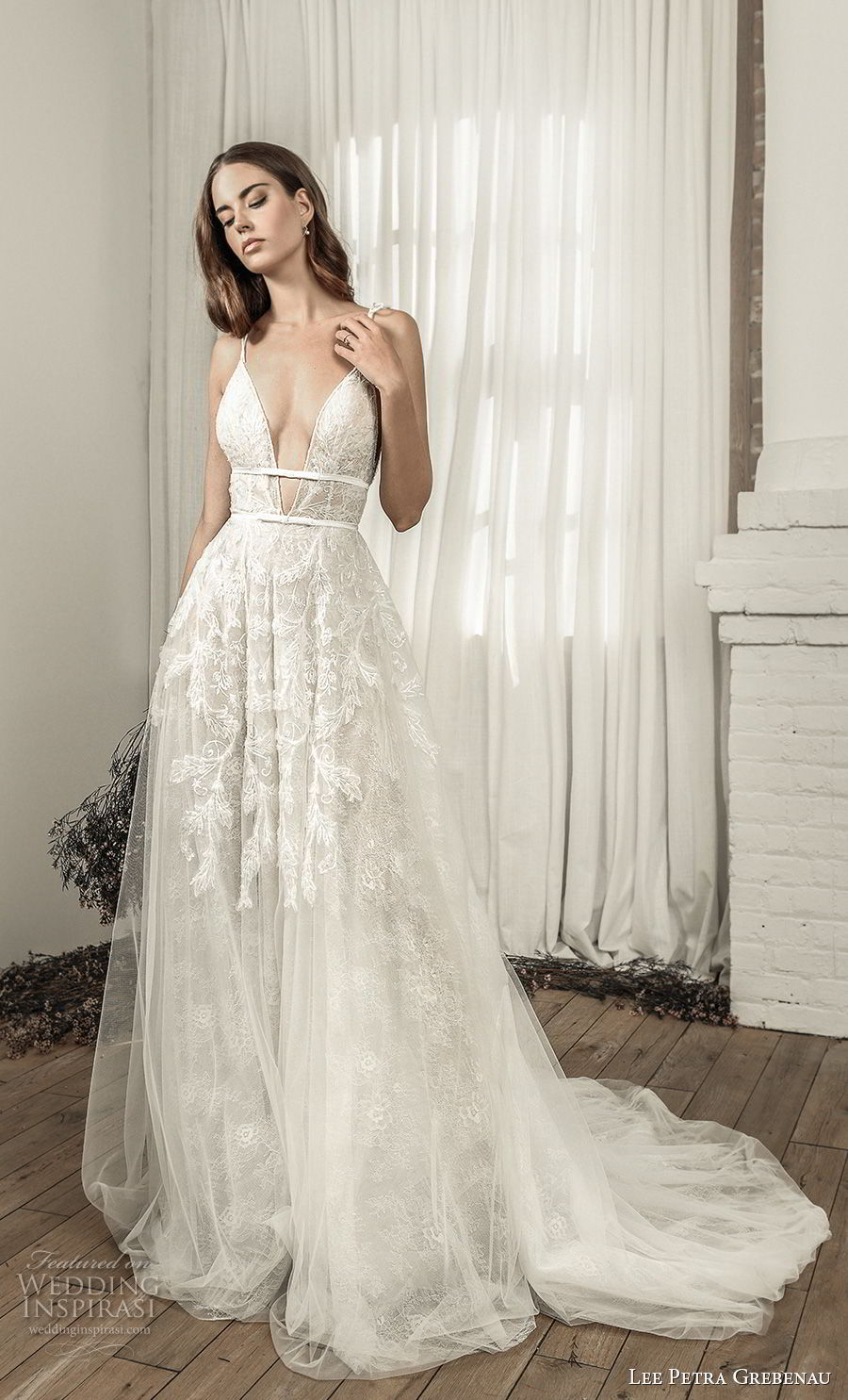 lee petra grebenau pre 2019 bridal sleeveless spaghetti strap deep plunging v neck heavily embellished bodice sexy romantic soft a  line wedding dress medium train (3) mv 