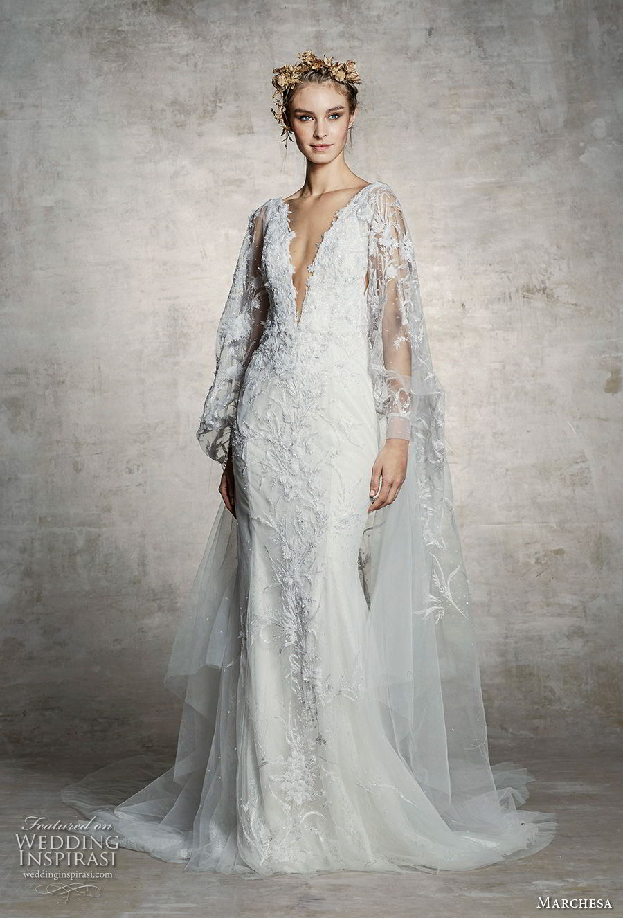 marchesa spring 2019 bridal long bishop sleeves deep v neck full embellishment elegant fit and flare wedding dress (15) mv