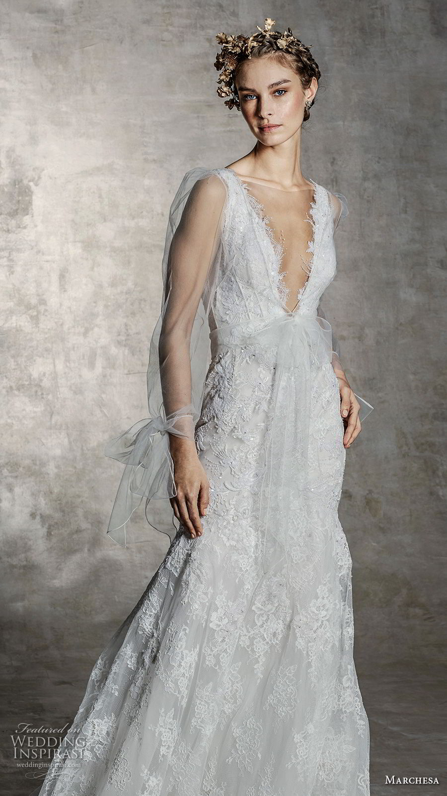 marchesa spring 2019 bridal long sheer sleeves deep v neck full embellishment romantic a  line wedding dress (12) mv