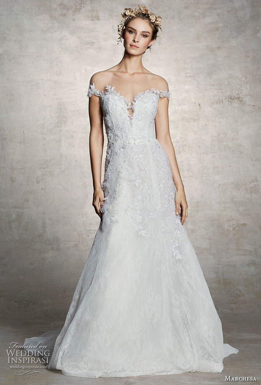 marchesa spring 2019 bridal off the shoulder plunging sweetheart neckline heavily embellished bodice romantic a  line wedding dress chapel train (5) mv