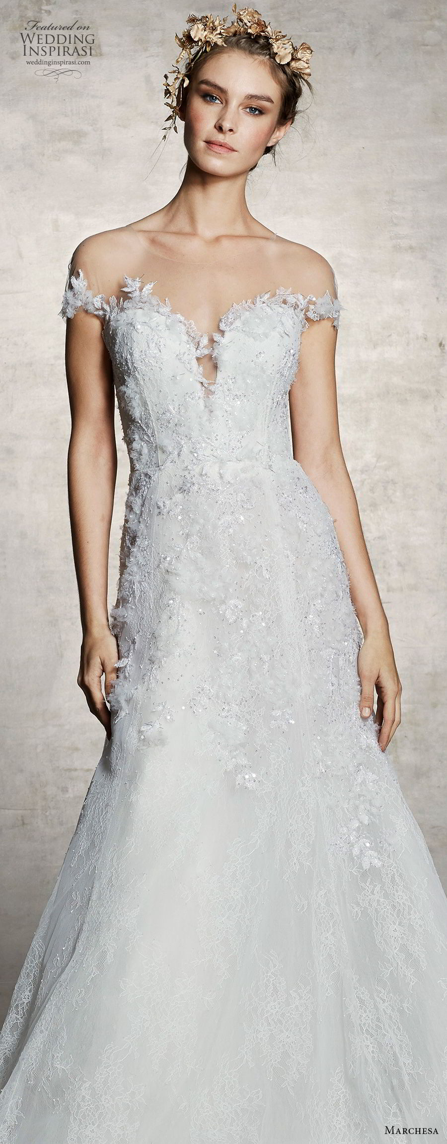 marchesa spring 2019 bridal off the shoulder plunging sweetheart neckline heavily embellished bodice romantic a  line wedding dress chapel train (5) zv