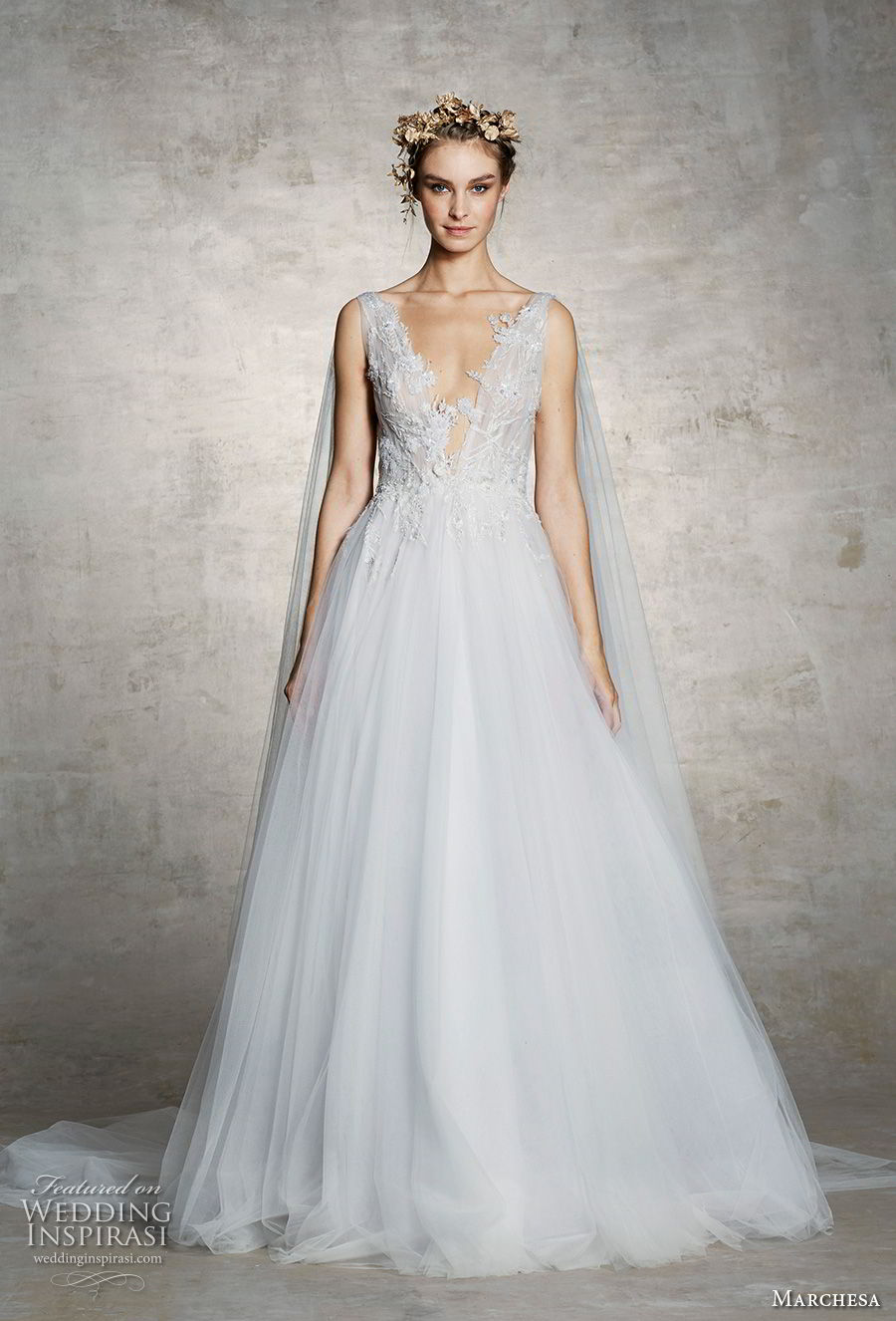 marchesa spring 2019 bridal sleeveless thick strap deep v neck heavily embellished bodice tulle skirt a  line wedding dress chapel train (7) mv