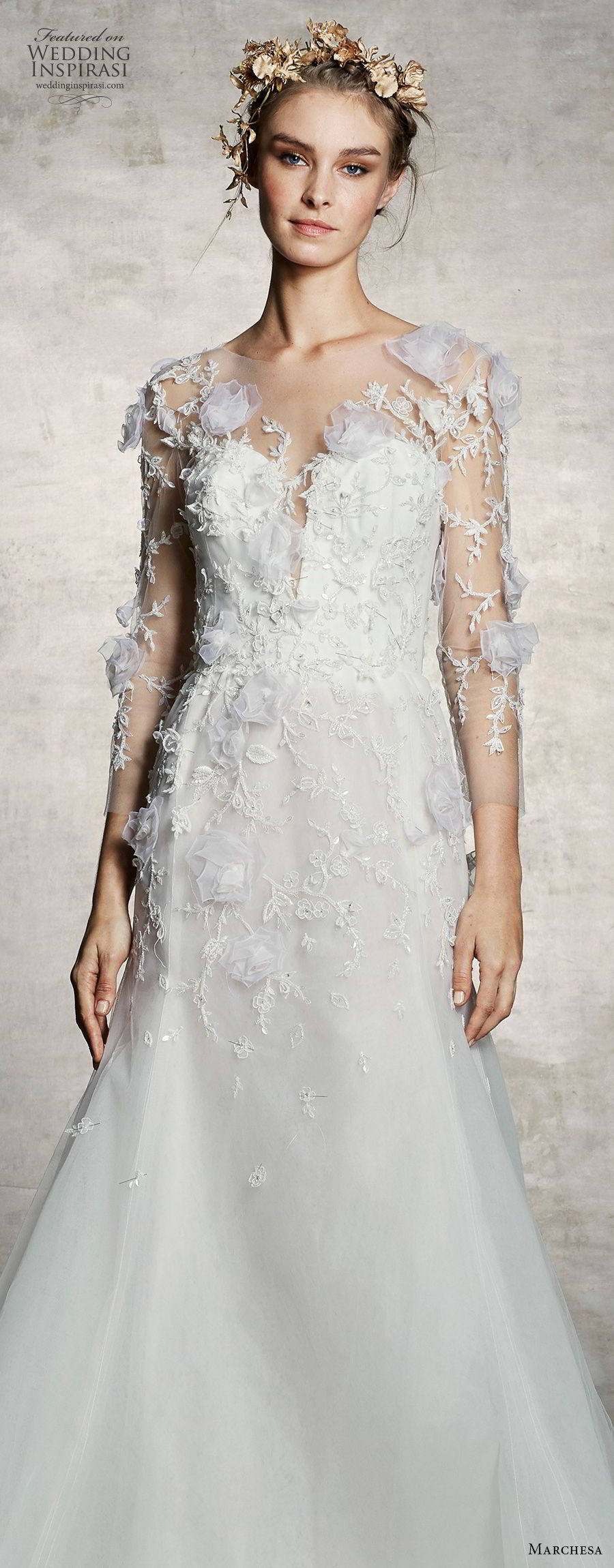 marchesa spring 2019 bridal three quarter sleeves plunging sweetheart neckline heavily embellished bodice romantic a  line wedding dress (9) lv