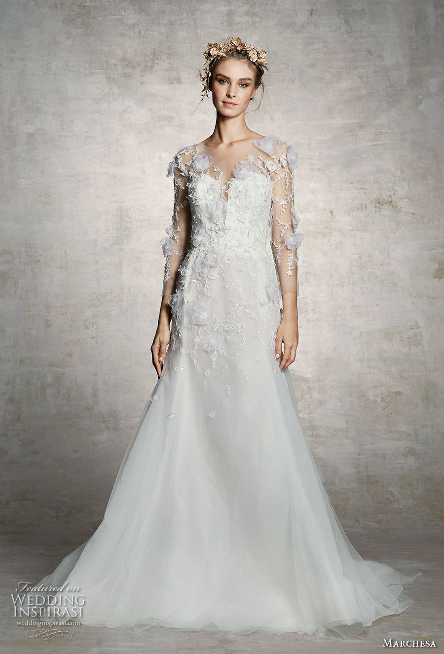 marchesa spring 2019 bridal three quarter sleeves plunging sweetheart neckline heavily embellished bodice romantic a  line wedding dress (9) mv