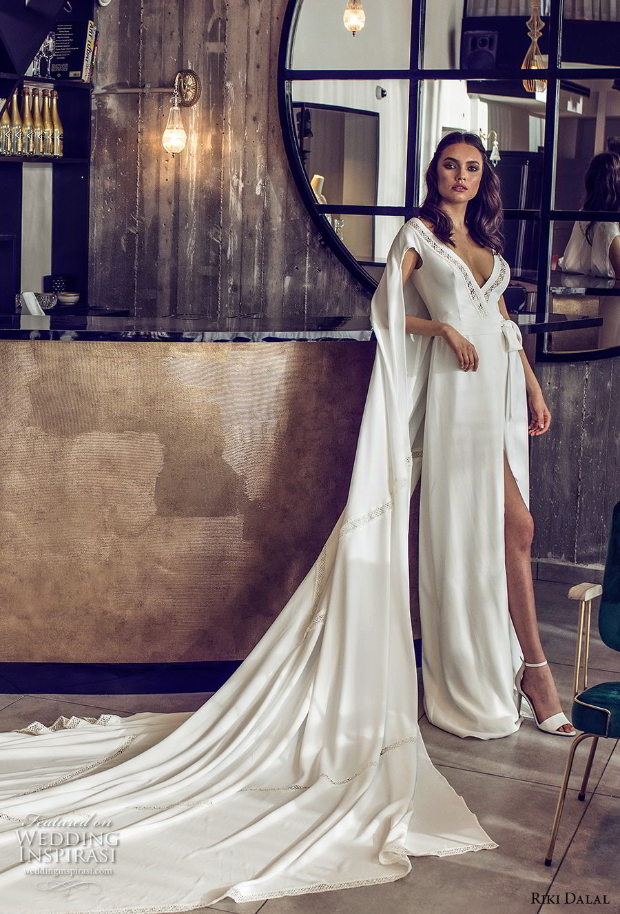 riki dalal 2018 noya bridal cap sleeves v neck simple slit skirt grecian modified a  line wedding dress with cape royal train (10) mv