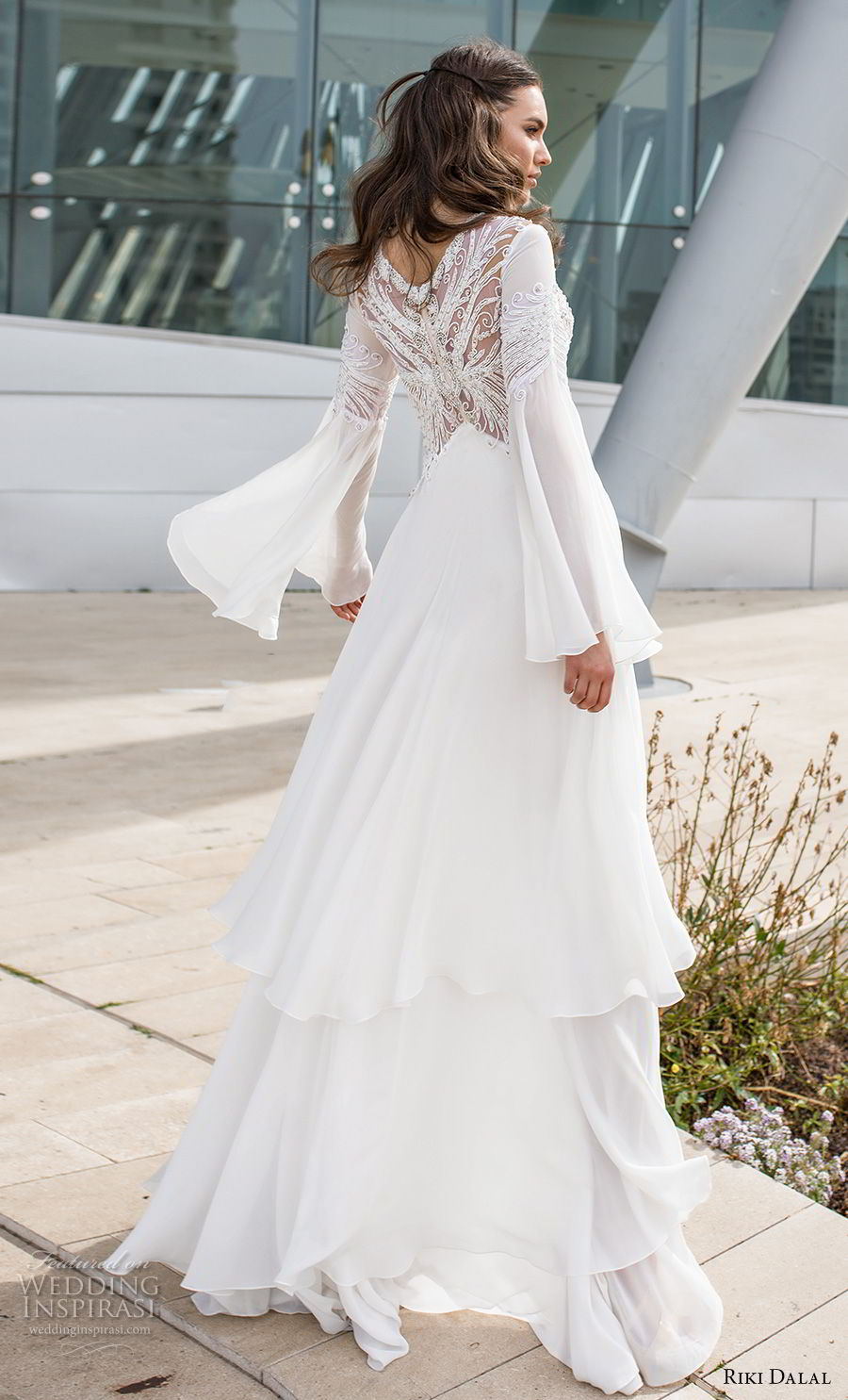 riki dalal 2018 noya bridal long bell sleeves v neck heavily embellished bodice tiered skirt a  line wedding dress lace back sweep train (4) bv