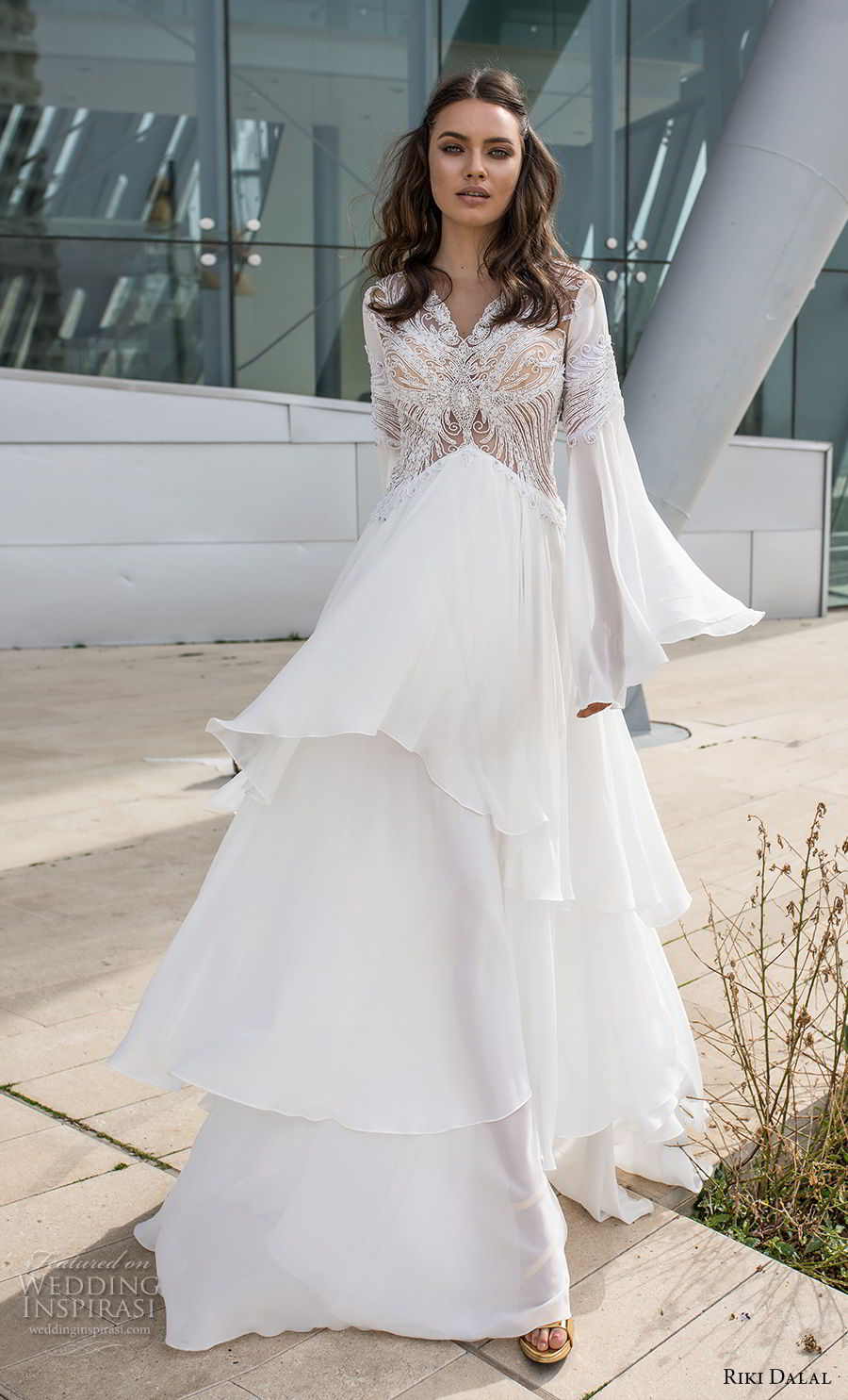 riki dalal 2018 noya bridal long bell sleeves v neck heavily embellished bodice tiered skirt a  line wedding dress lace back sweep train (4) mv