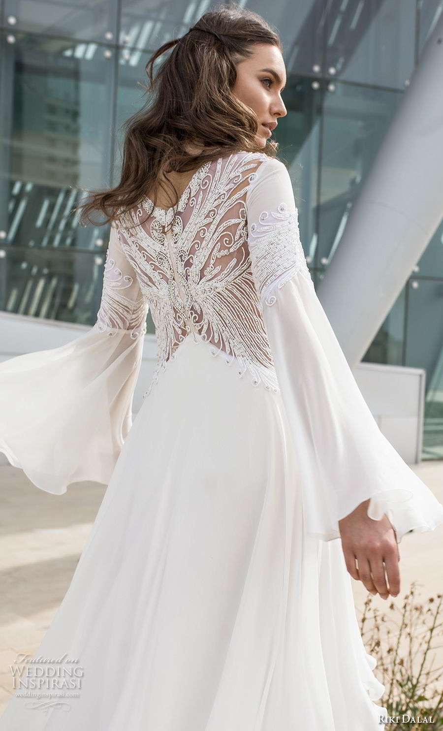 riki dalal 2018 noya bridal long bell sleeves v neck heavily embellished bodice tiered skirt a  line wedding dress lace back sweep train (4) zbv