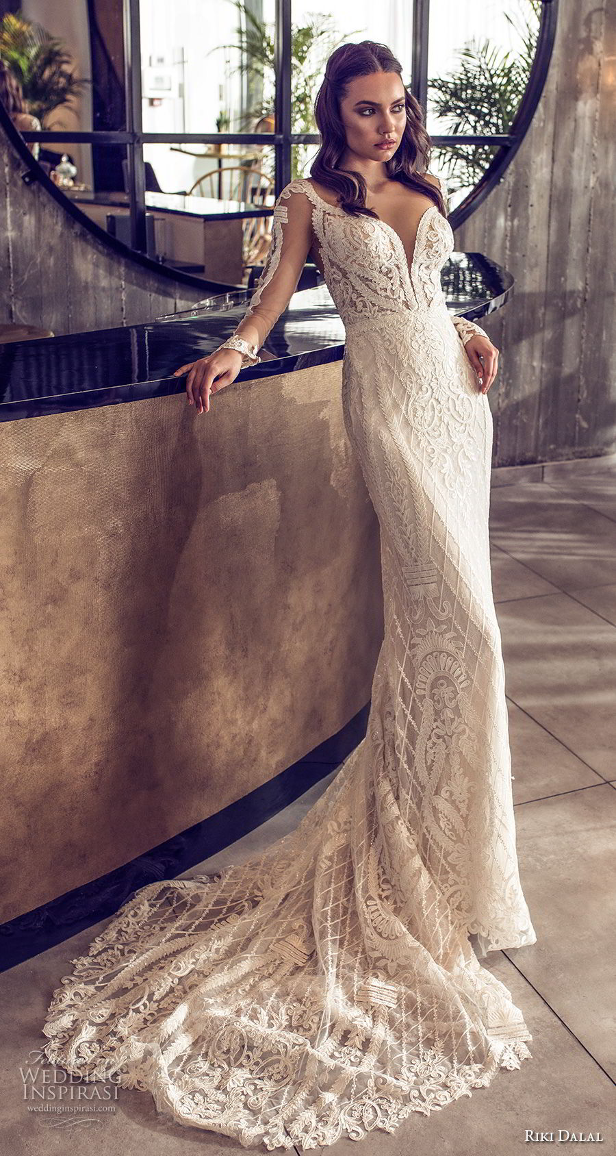 riki dalal 2018 noya bridal long sleeves deep plunging sweetheart neckline full embellishment elegant sheath wedding dress sheer button back short train (12) mv