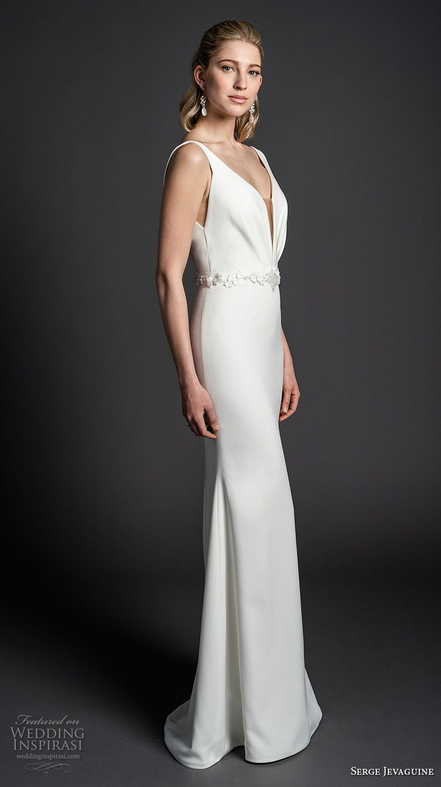 serge jevaguine 2019 bridal sleeveless deep v neck simple clean bodice minimalist elegant sheath wedding dress open v back short train (7) mv 