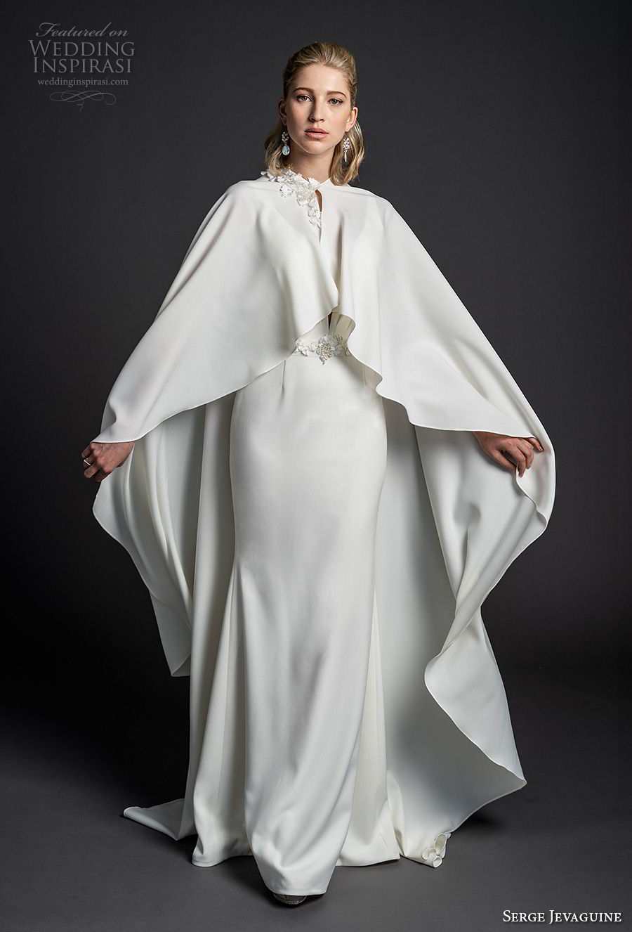 serge jevaguine 2019 bridal sleeveless deep v neck simple clean bodice minimalist elegant sheath wedding dress with cape open v back short train (7) mv serge jevaguine 2019 bridal sleeveless deep v neck simple clean bodice minimalist elegant sheath wedding dress with cape open v back short train (7) mv