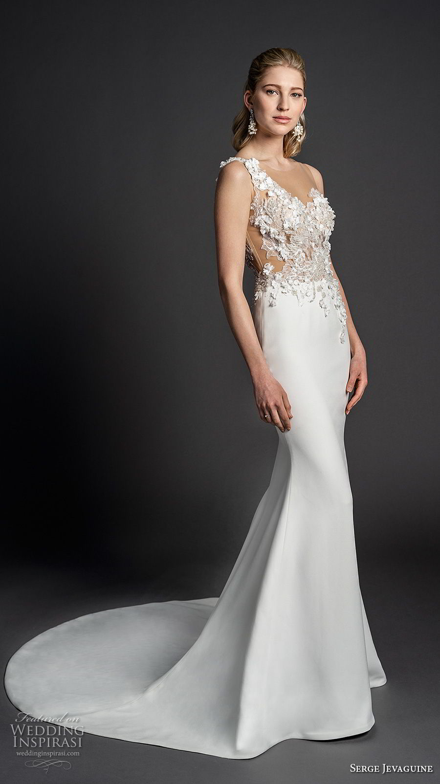 serge jevaguine 2019 bridal sleeveless one shoulder asymmetrical neckline heavily embellished bodice elegant fit and flare sheath wedding dress chapel train (6) mv