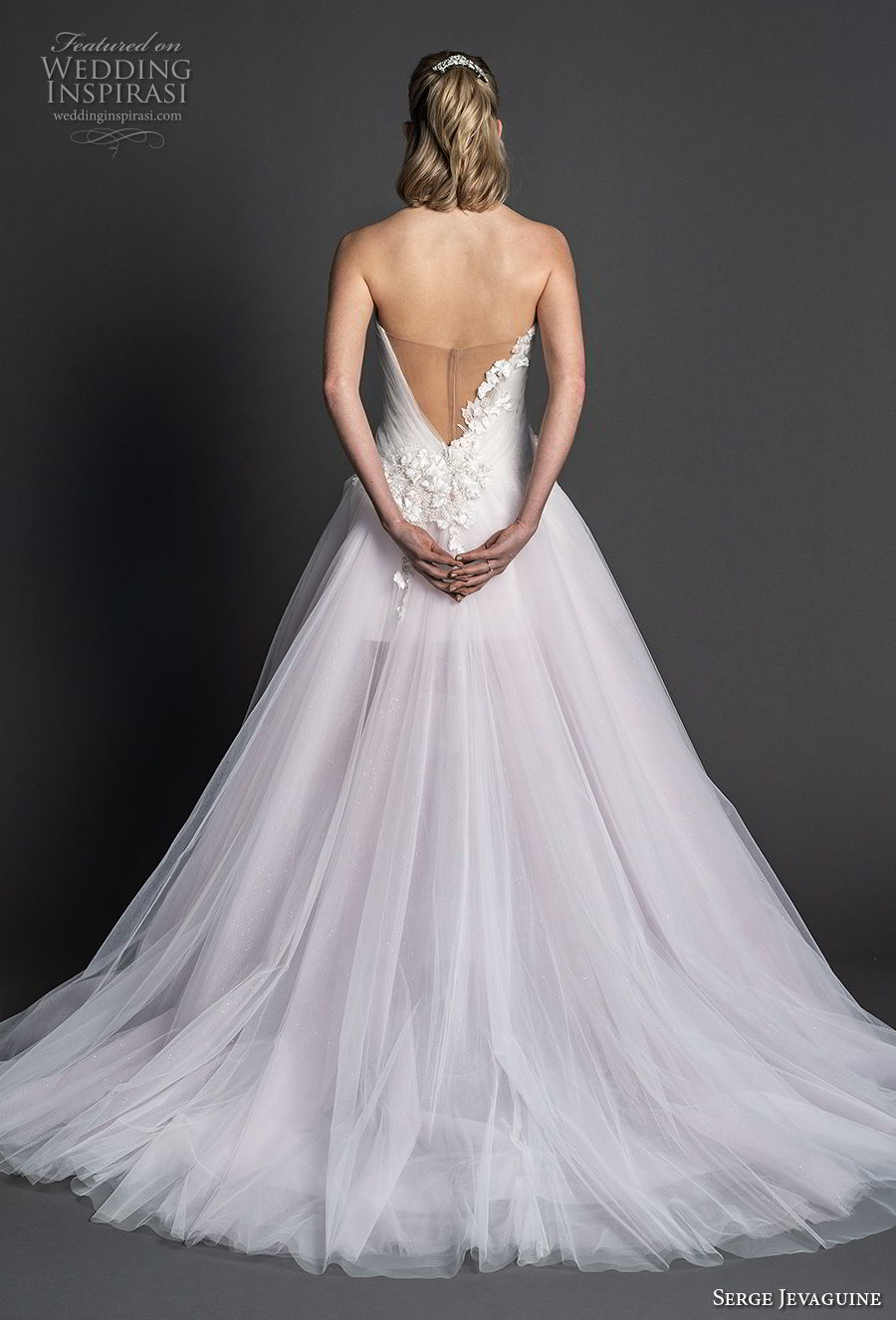 serge jevaguine 2019 bridal strapless sweetheart neckline heavily embellished bodice tulle skirt romantic blush a  line wedding dress v back chapel train (3) bv