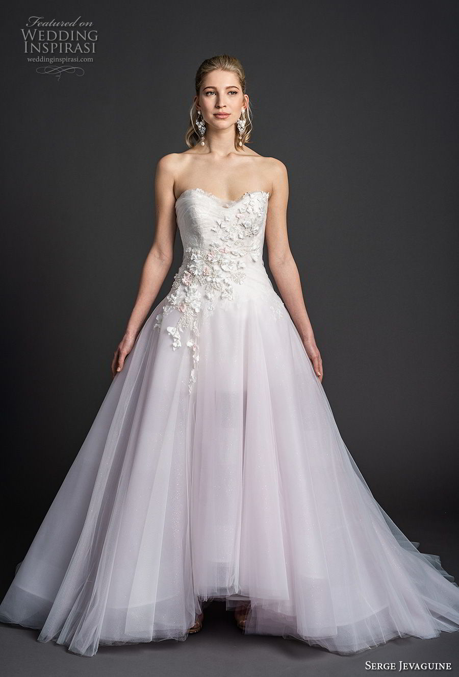 serge jevaguine 2019 bridal strapless sweetheart neckline heavily embellished bodice tulle skirt romantic blush a  line wedding dress v back chapel train (3) mv