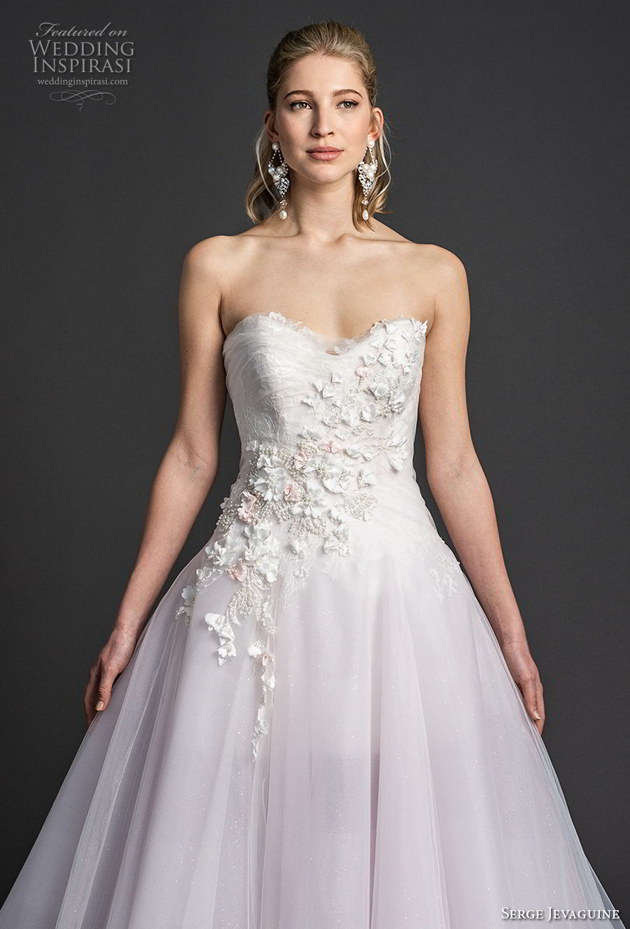 serge jevaguine 2019 bridal strapless sweetheart neckline heavily embellished bodice tulle skirt romantic blush a line wedding dress v back chapel train (3) zv serge jevaguine 2019 bridal strapless sweetheart neckline heavily embellished bodice tulle skirt romantic blush a line wedding dress v back chapel train (3) zv