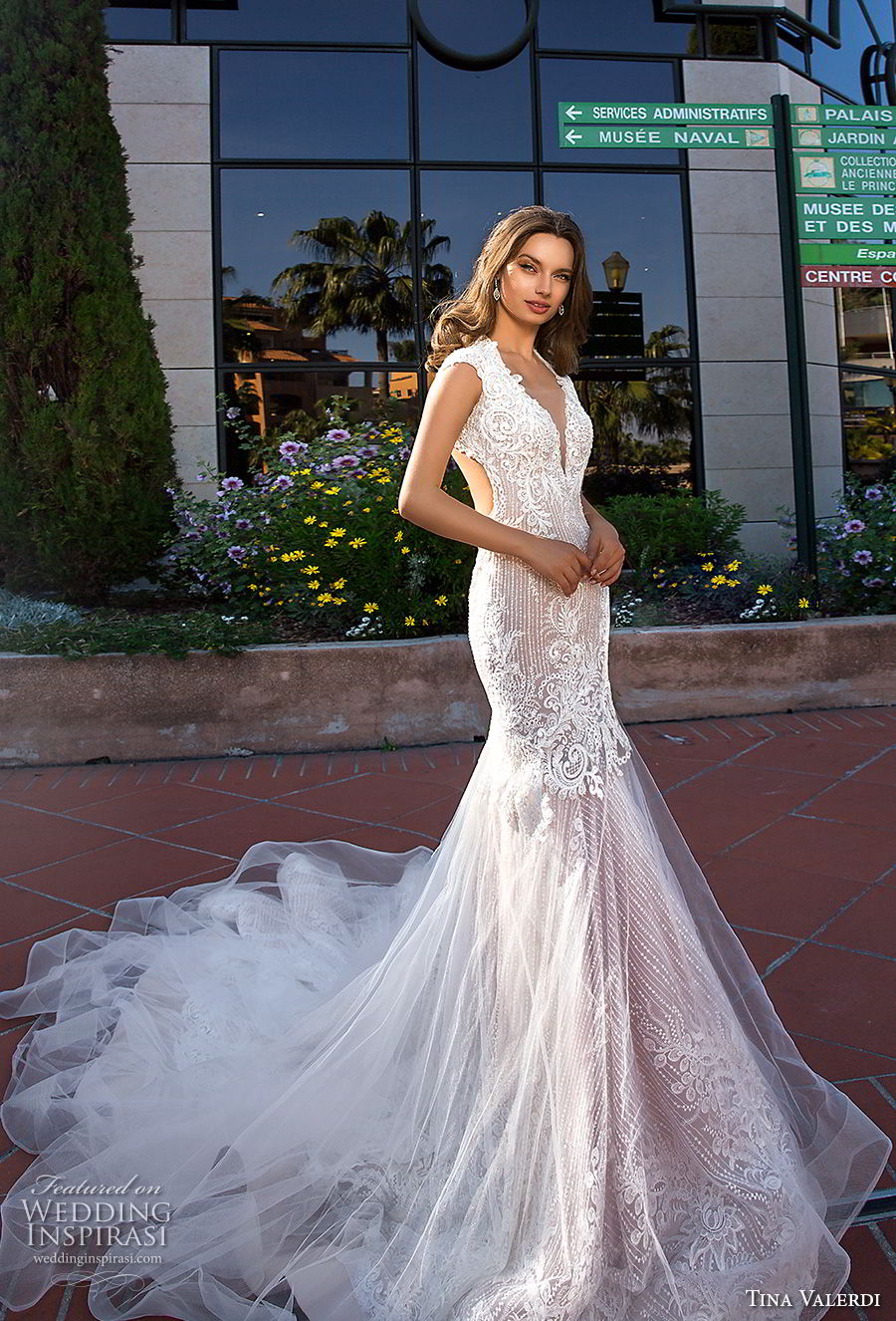 tina valerdi 2019 bridal cap sleeves deep plunging v neckline heavily embellished bodice elegant fit and flare wedding dress keyhole back royal train (11) mv