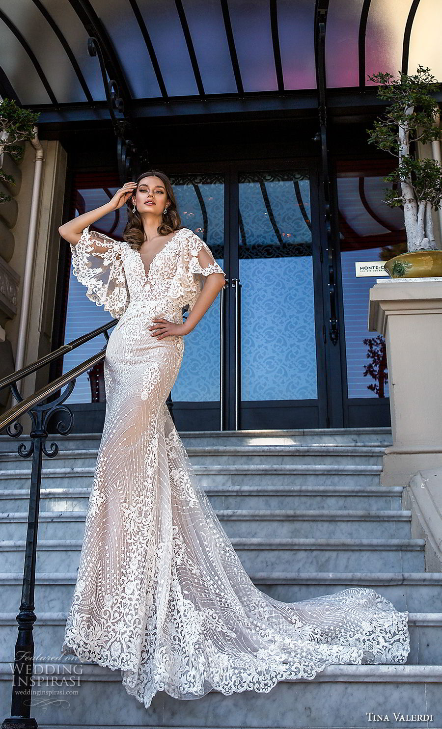 tina valerdi 2019 bridal half butterfly sleeves v neck full embellishment romantic bohemian fit and flare wedding dress open v back chapel train (12) mv