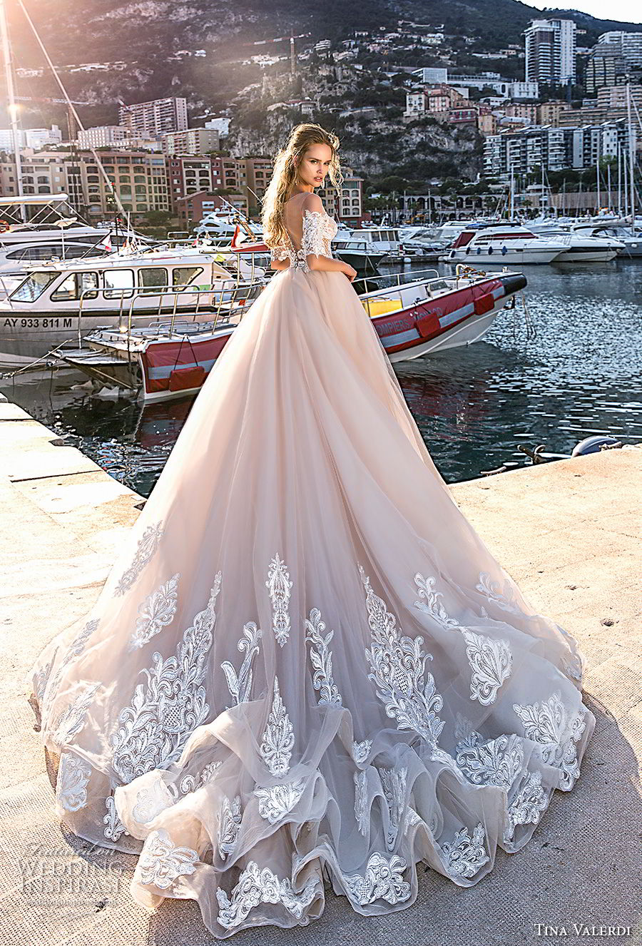 tina valerdi 2019 bridal half sleeves sweetheart neckline heavily embellished bodice romantic princess blush ball gown a  line wedding dress sheer button back chapel train (4) bv