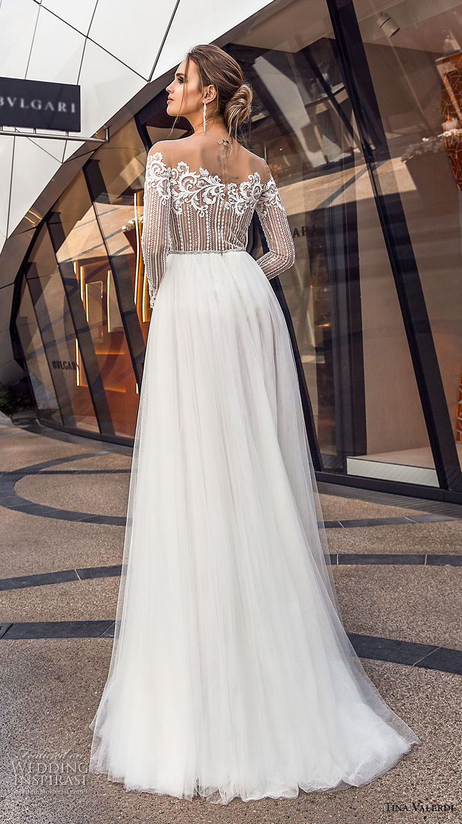 tina valerdi 2019 bridal long sleeves off the shoulder heavily embellished bodice tulle skirt romantic soft a  line wedding dress lace back sweep train (13) bv