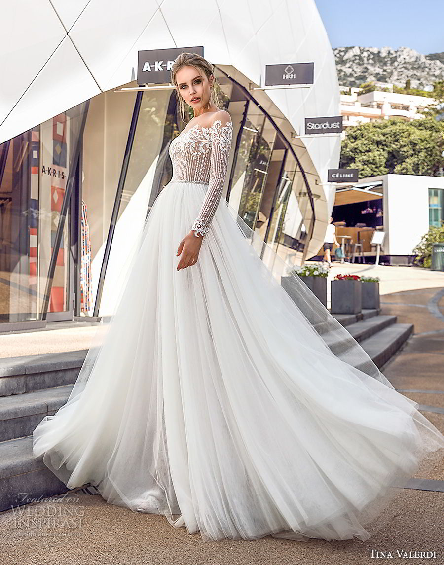 tina valerdi 2019 bridal long sleeves off the shoulder heavily embellished bodice tulle skirt romantic soft a  line wedding dress lace back sweep train (13) mv