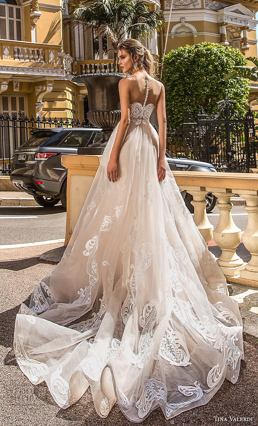 tina valerdi 2019 bridal sleeves sweetheart neckline full embellishment princess champagne ball gown a  line wedding dress sheer button back chapel train (2) bv