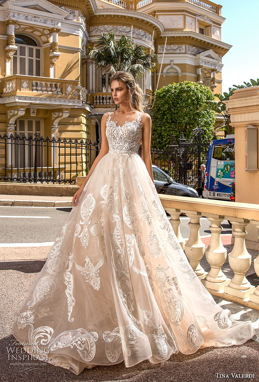 tina valerdi 2019 bridal sleeves sweetheart neckline full embellishment princess champagne ball gown a  line wedding dress sheer button back chapel train (2) mv