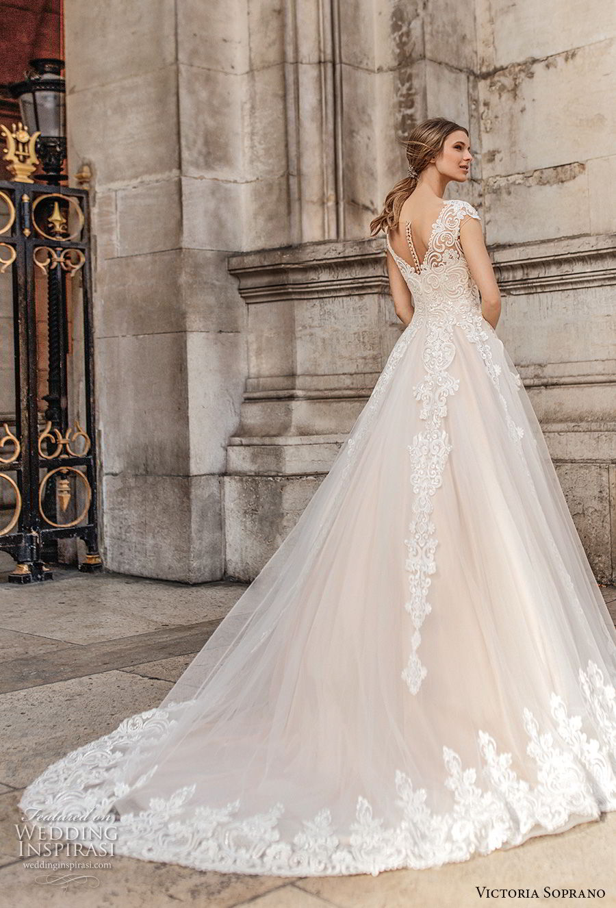 victoria soprano 2019 bridal cap sleeves v neck heavily embellished bodice romantic princess a  line wedding dress sheer button back chapel train (11) bv