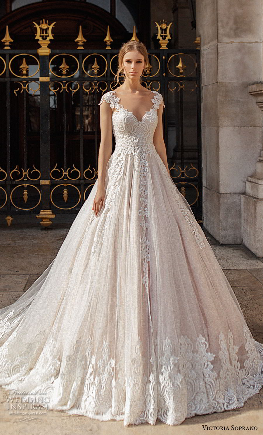 victoria soprano 2019 bridal cap sleeves v neck heavily embellished bodice romantic princess a  line wedding dress sheer button back chapel train (11) mv 