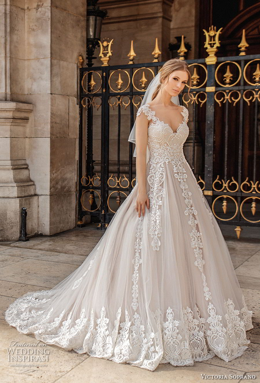 victoria soprano 2019 bridal cap sleeves v neck heavily embellished bodice romantic princess a  line wedding dress sheer button back chapel train (11) mv